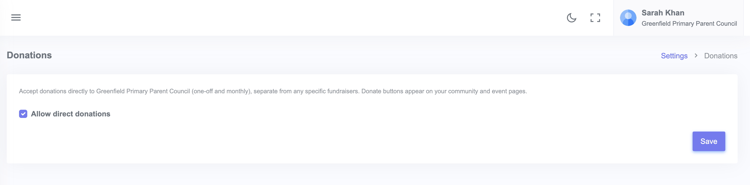 Donation settings panel