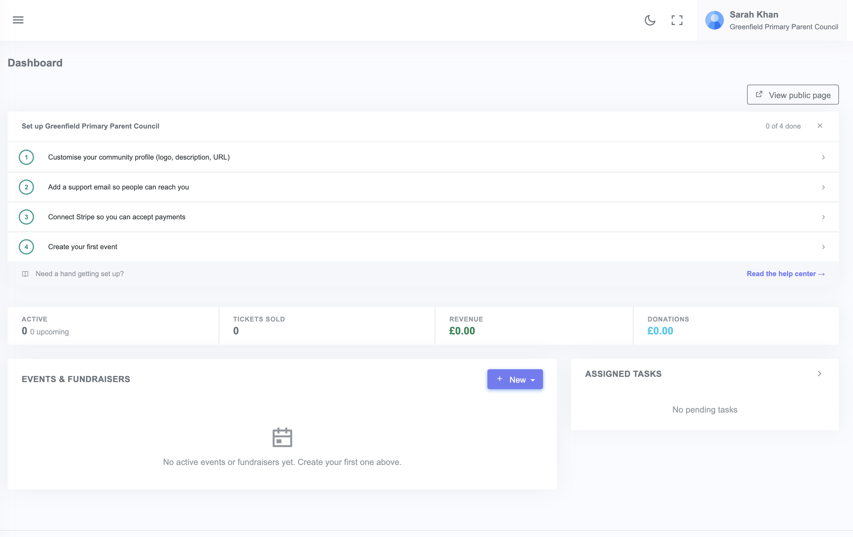 Admin dashboard you land on after signing up
