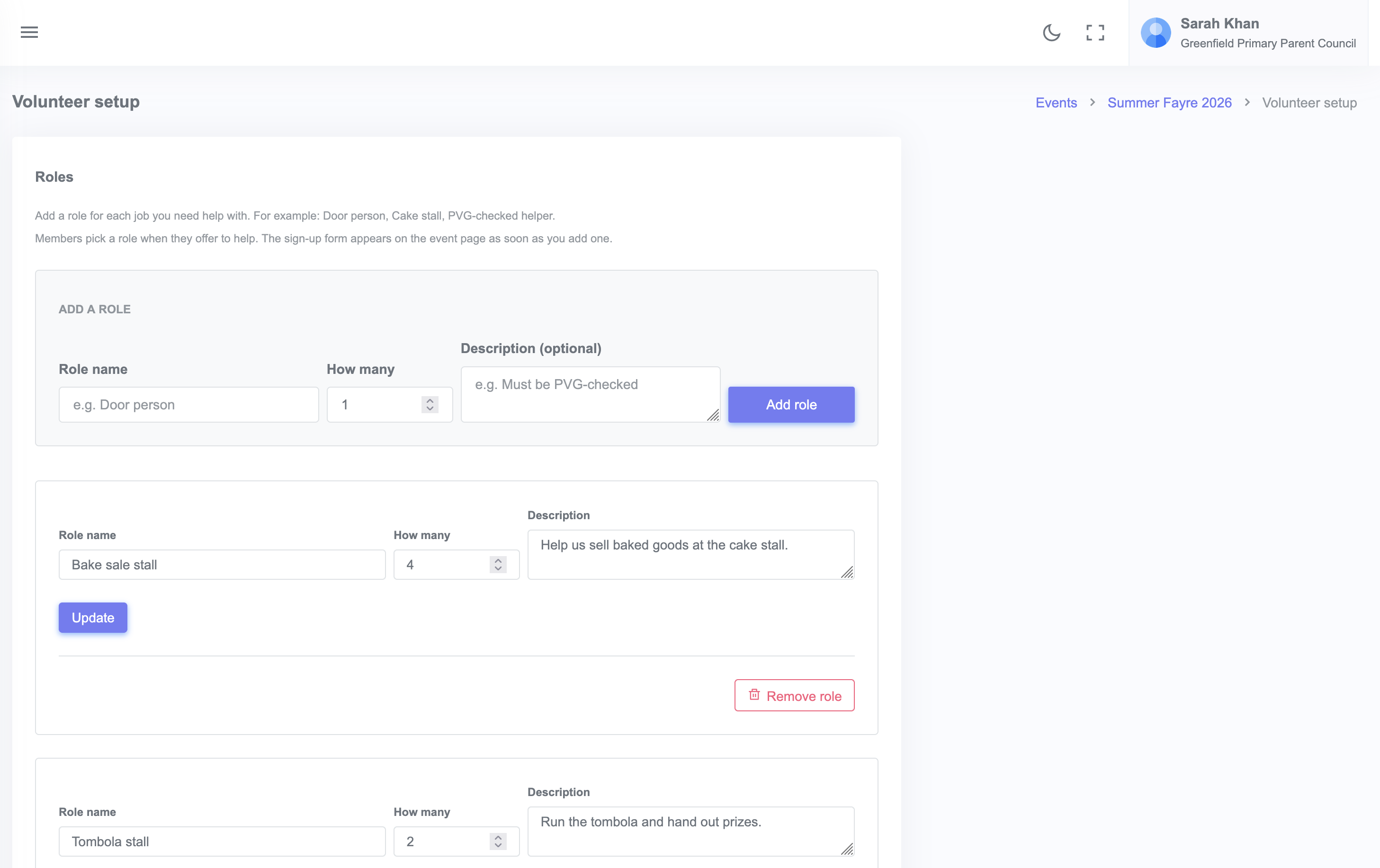 Volunteer role setup